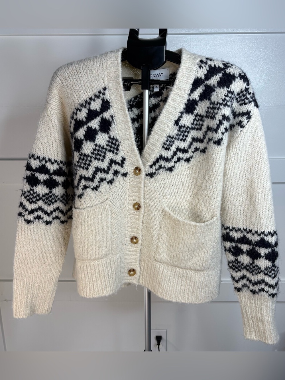 Derek Lam 10 Crosby Bette Fair Isle Alpaca Wool Cardigan XS Cream Black